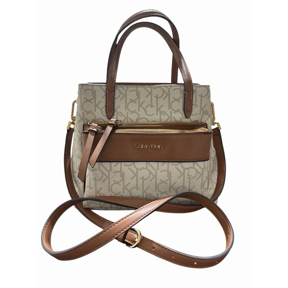 Calvin‎ Klein Signature Monogram Satchel Crossbody Beige Brown Zip Bag